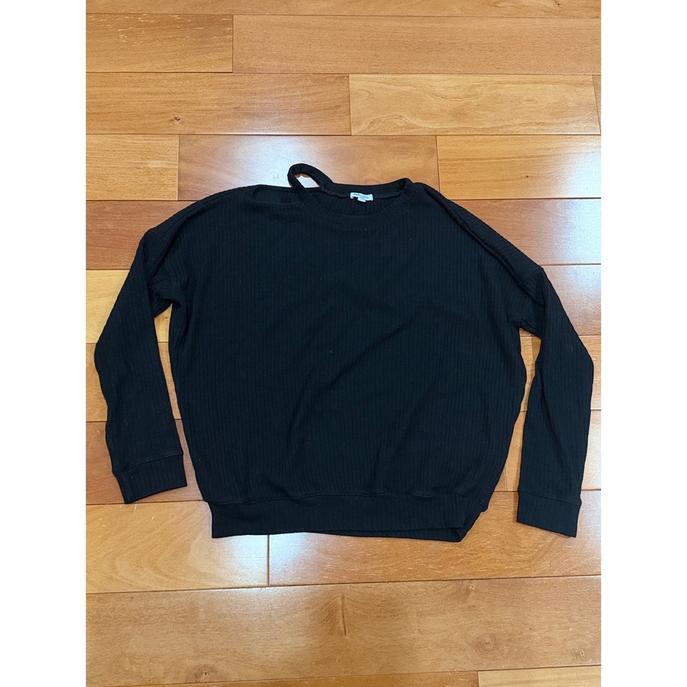 Splendid Black Ribbed Cutout Shoulder Long Sleeve Pullover Sweater Top Women's L